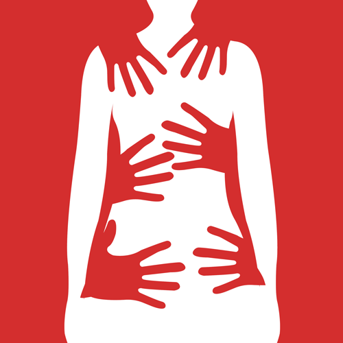 Eine abstrakte Grafik einer weißen Figur mit roten Händen über den Körper verteilt